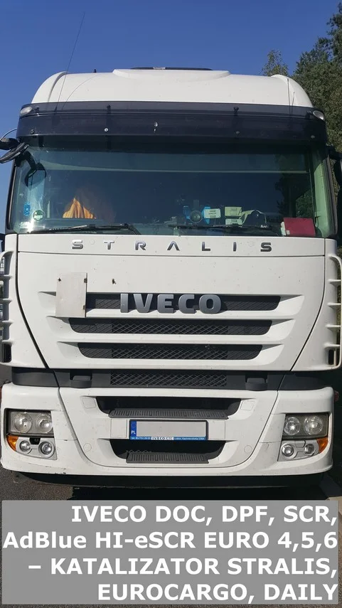 Samochód ciężarowy marki Iveco wyposażony w systemy służące do oczyszczania spalin