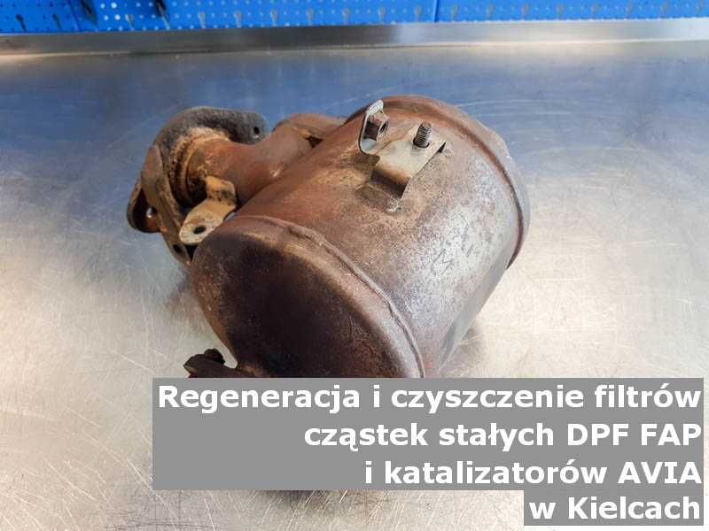 Wypłukany katalizator utleniający marki Avia, w pracowni regeneracji na stole, w Kielcach.