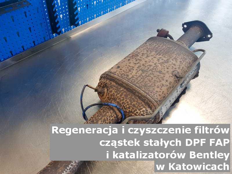 Naprawiany filtr cząstek stałych DPF marki Bentley, w pracowni regeneracji, w Katowicach.