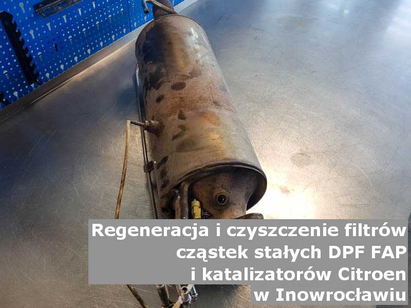 Wypalony z sadzy filtr DPF marki Citroen, w specjalistycznej pracowni, w Inowrocławiu.