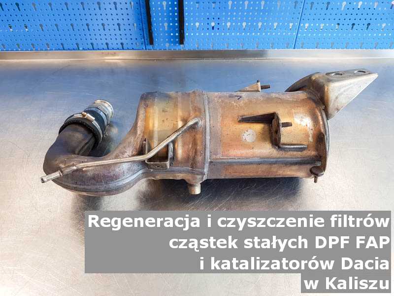 Myty filtr cząstek stałych FAP marki Dacia, na stole w pracowni regeneracji, w Kaliszu.