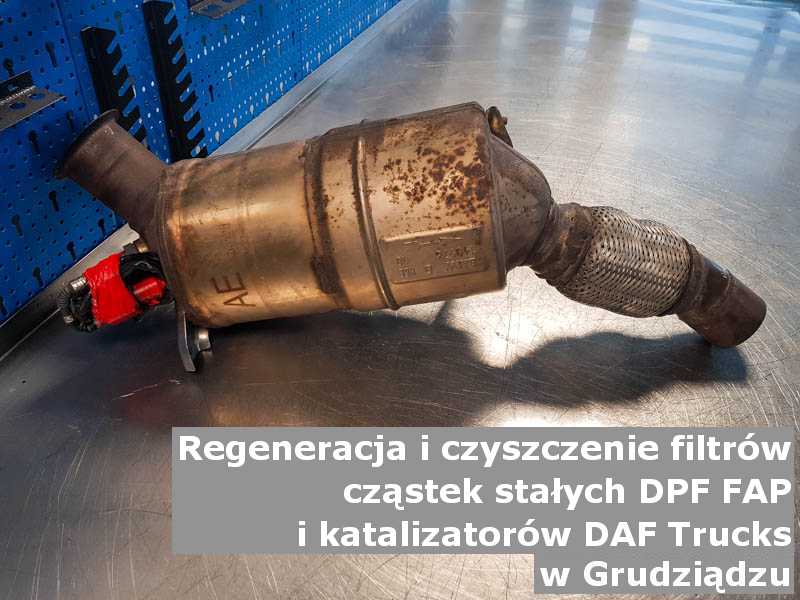 Wypalony z sadzy katalizator marki DAF Trucks, w warsztacie, w Grudziądzu.