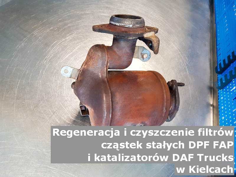 Czyszczony filtr cząstek stałych GPF marki DAF Trucks, w pracowni regeneracji na stole, w Kielcach.