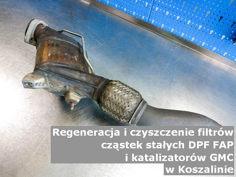 Wypalony z sadzy filtr cząstek stałych FAP marki GMC, w warsztacie, w Koszalinie.