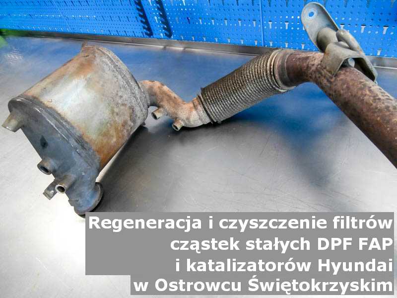 Wypalony z sadzy filtr cząstek stałych marki Hyundai, w pracowni laboratoryjnej, w Ostrowcu Świętokrzyskim.