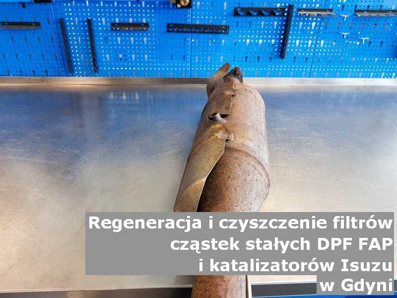 Wypalony z sadzy filtr cząstek stałych FAP marki Isuzu, w pracowni laboratoryjnej, w Gdyni.
