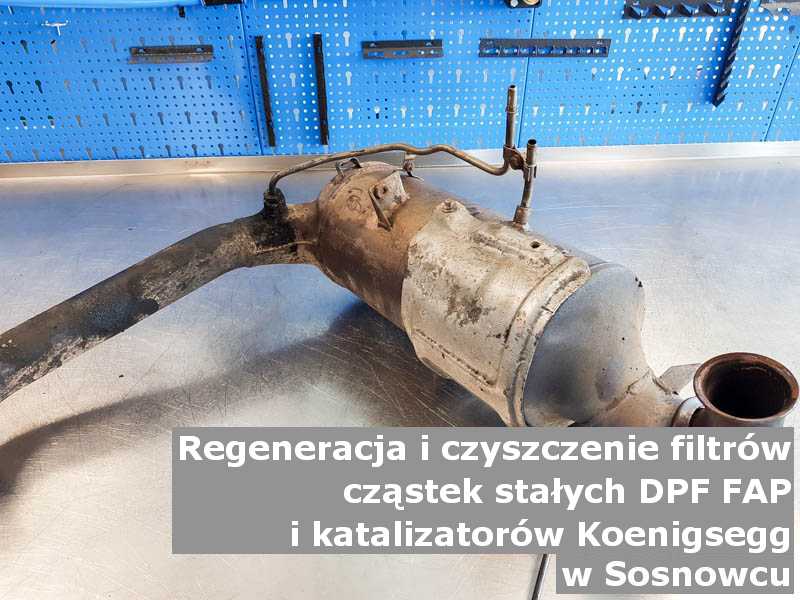Wypalony katalizator marki Koenigsegg, na stole, w Sosnowcu.