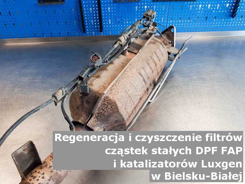 Naprawiany filtr cząstek stałych DPF marki Luxgen, w pracowni laboratoryjnej, w Bielsku-Białej.