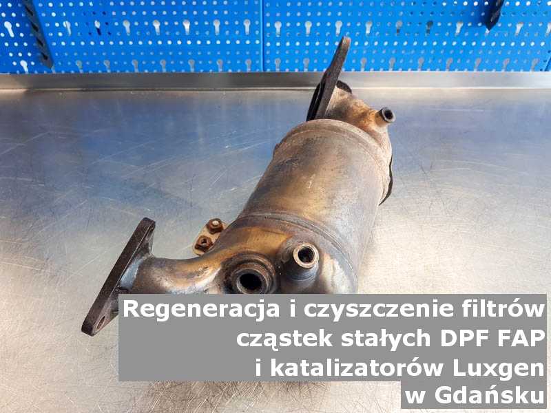 Wypalony z sadzy filtr cząstek stałych GPF marki Luxgen, w pracowni regeneracji, w Gdańsku.