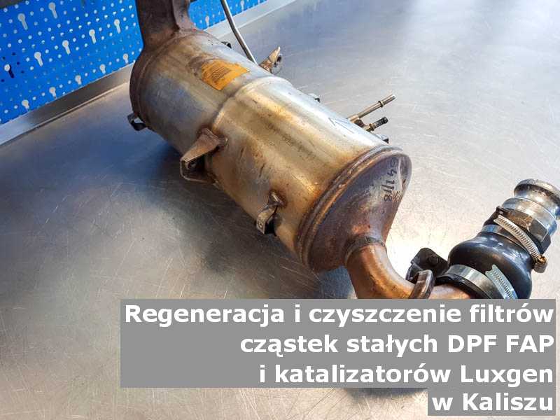 Wypalony filtr cząstek stałych DPF marki Luxgen, w pracowni regeneracji, w Kaliszu.
