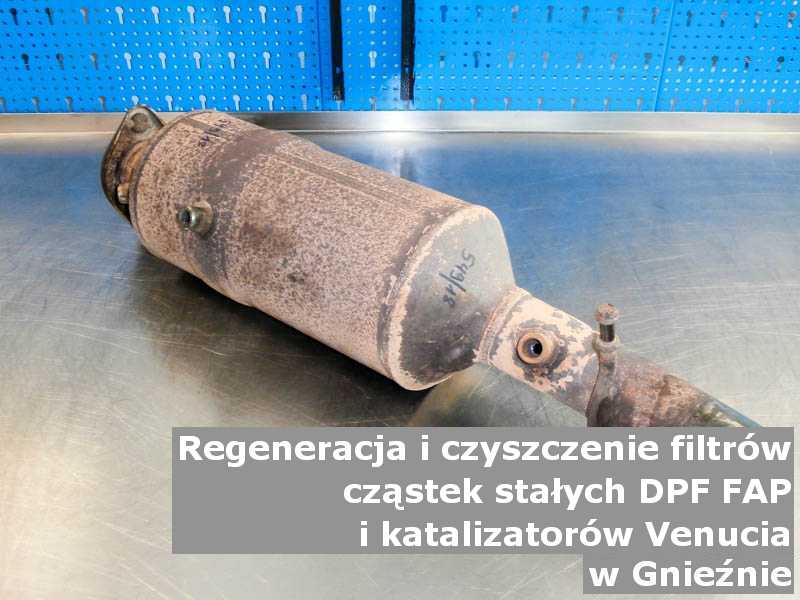Wypłukany filtr cząstek stałych DPF marki Venucia, na stole w pracowni regeneracji, w Gnieźnie.